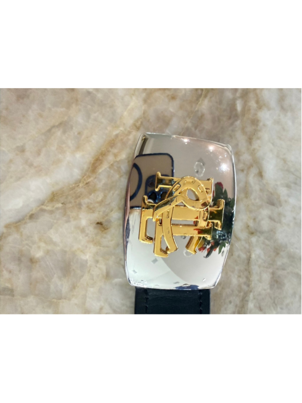 Lauren Ralph Lauren Black Leather Belt with Gold Buckle, monogram in large lette - Picture 2 of 10